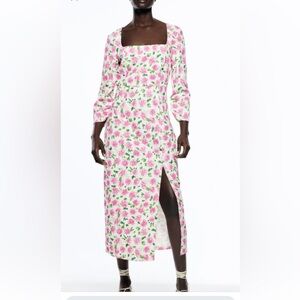 ZARA, SATIN FLORAL, MULTICOLORED, MIDI DRESS, XS, worn once, pink green white